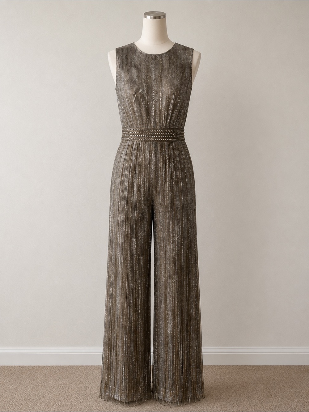 IEENA Mac Duggal Metallic Pleated Beaded Wide Leg Jumpsuit Gold Size 10 NWT